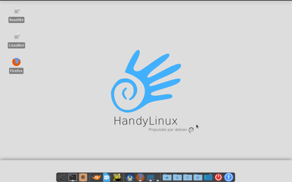 Capture d'écran de HandyLinux avec le Dock sans la barre "Tableau de bord"