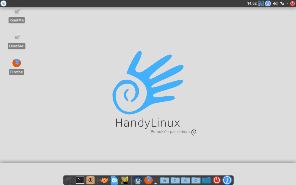 Capture d'écran de HandyLinux avec le Dock avec la barre "Tableau de bord"