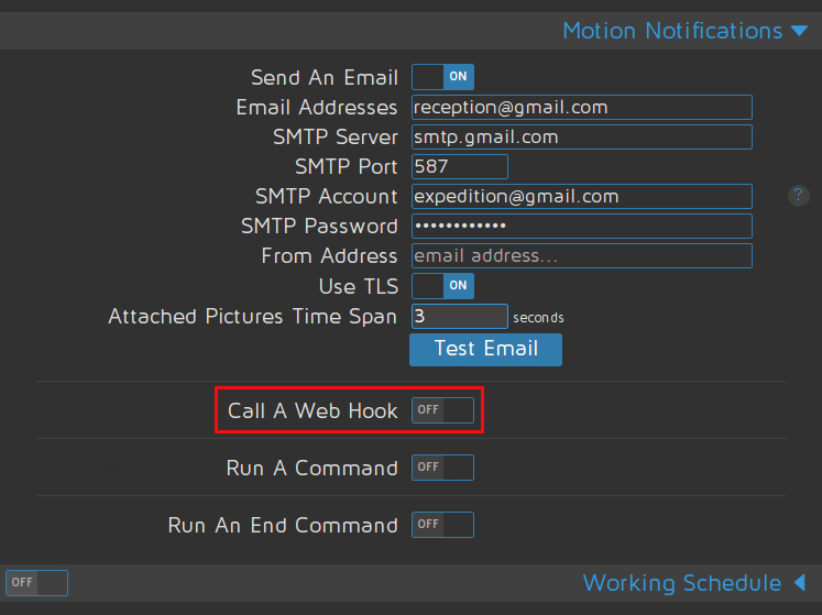 Capture d'écran de MotionEye montrant l'option "Web Hook"