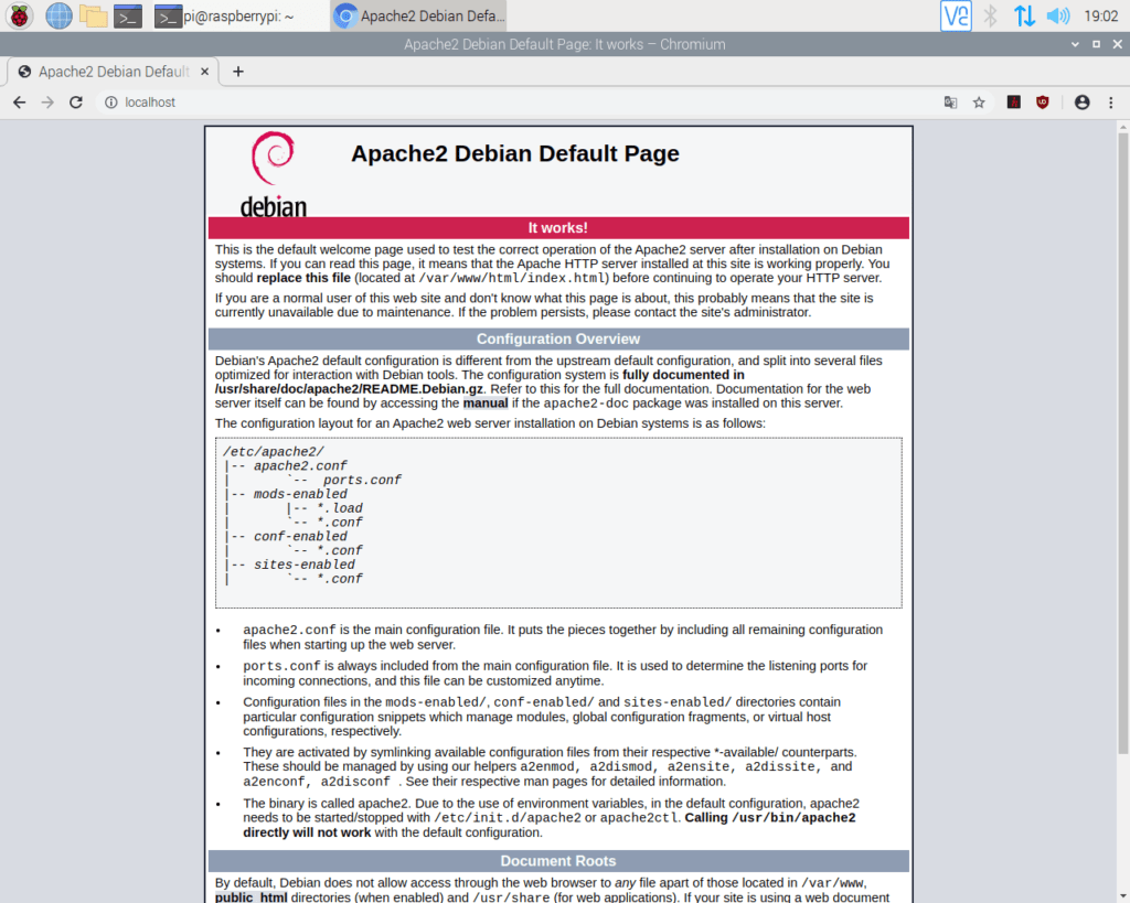 Capture d'écran de la page "Apache2 Debian Default Page"
